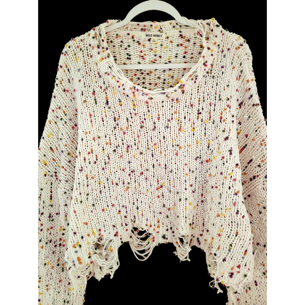 Wild Honey Cream Confetti Pom Pom Distressed Cropped Knitted Rug Sweater Large